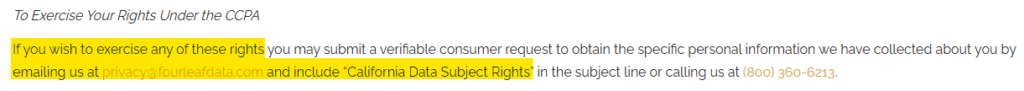 FourLeafData 'To exercise Your Rights Under the CCPA' section and contact details