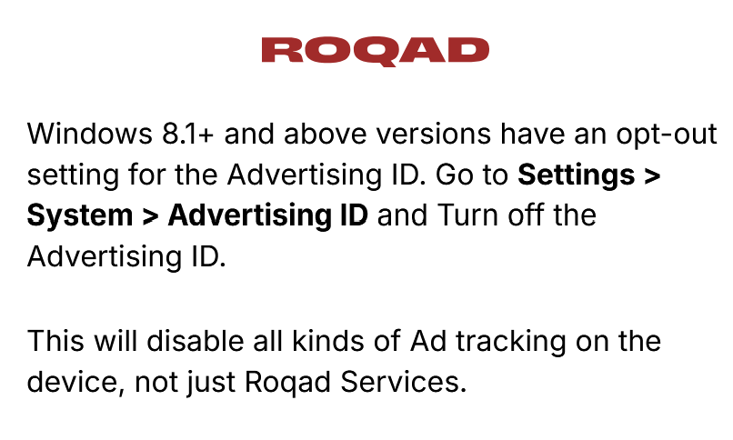 Roq information on opt out setting for the advertising ID on Windows 8.1+ 