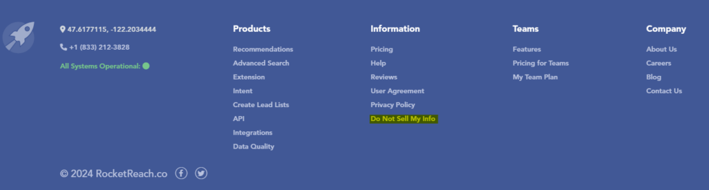 Do Not Sell My Info button in RocketReach website footer