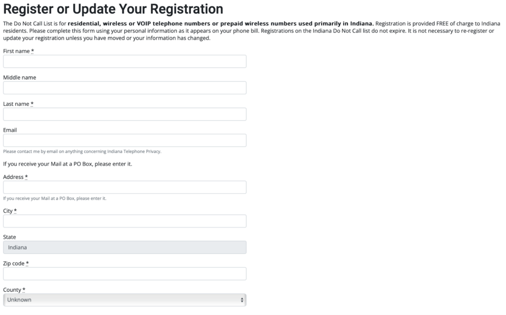 Indiana Do Not Call List form