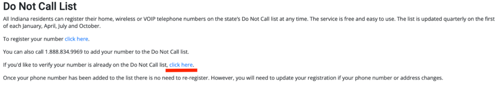 Indiana Do Not Call List "click here" link to verify your subscription 