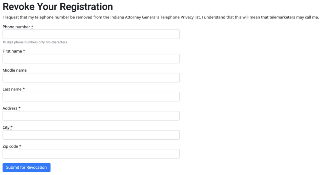 Indiana Do Not Call List 'Revoke Your Registration' form