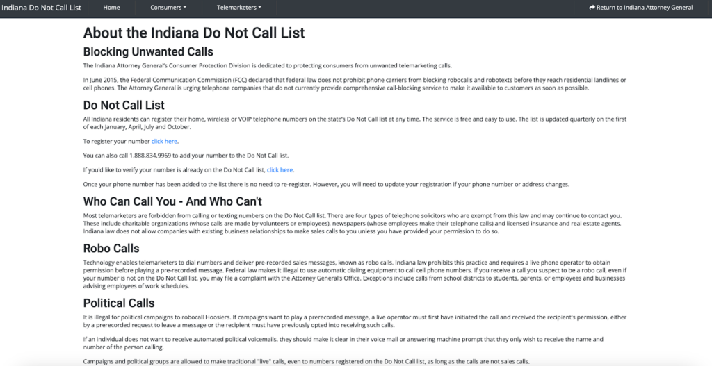 Indiana Do Not Call website