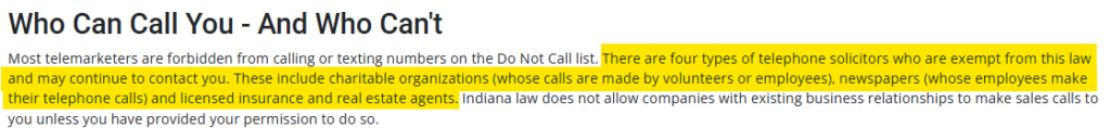 Indiana Do Not Call List, 'Who Can Call You - And Who Can't'