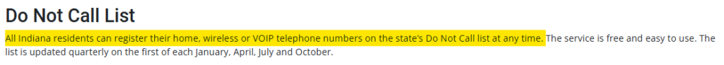 Indiana Do Not Call List information