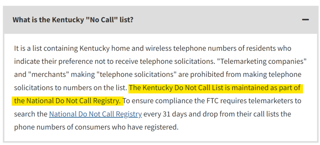 Kentucky Do Not Call List information 