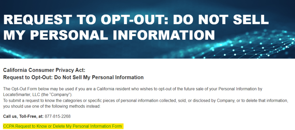 LocateSmarter CCPA opt out information 