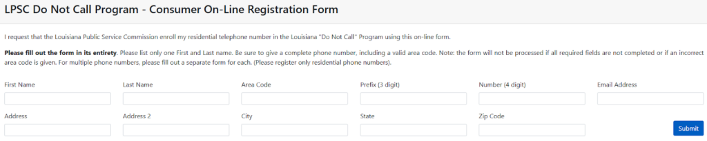 Louisiana Do Not Call Program Consumer online registration form 