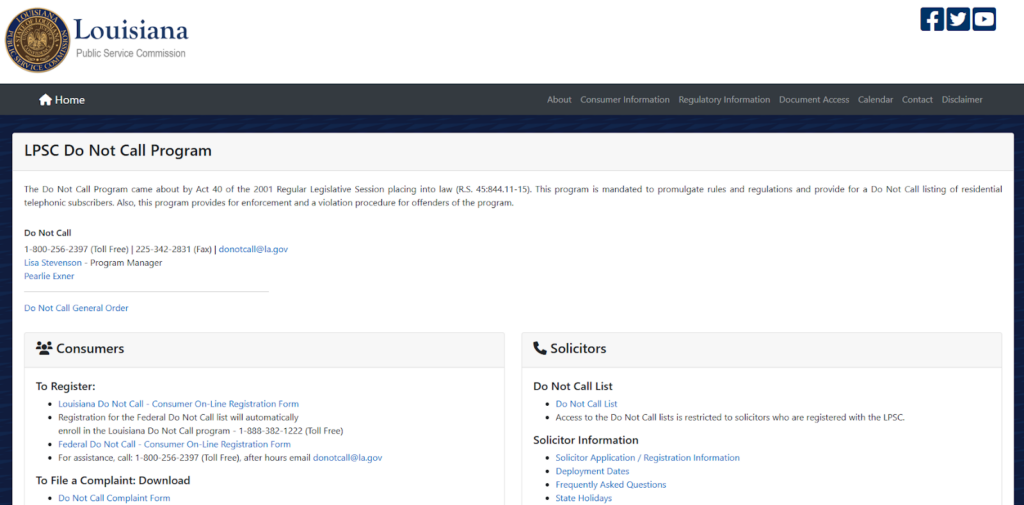 Louisiana Do Not Call Program website