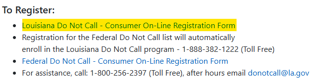 Louisiana Do Not Call Program registration link 