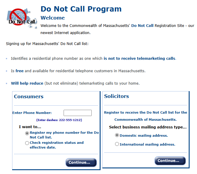 Massachusetts DNC List form for consumers and solicitors 