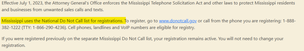 Information on the Mississippi Do Not Call List