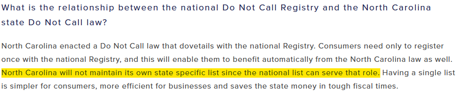 Information on the relationship between the national DNC List and the North Carolina state Do Not Call law