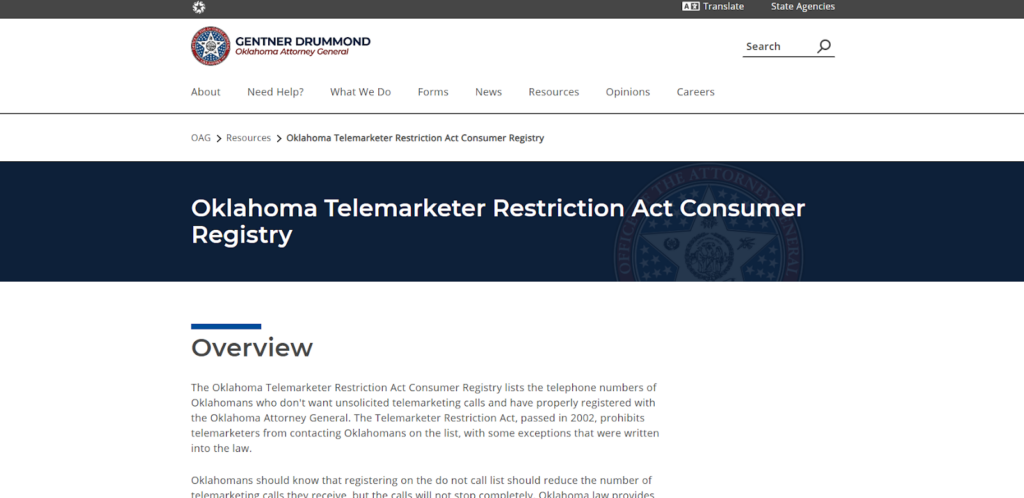 Oklahoma Telemarketer Restriction Act Consumer Registry homepage 