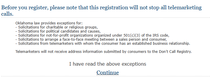 Information about the types of telemarketing calls registering for Oklahoma DNC List won't stop 