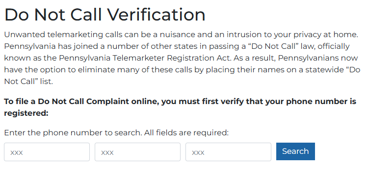 Pennsylvania DNC Do Not Call Verification form 