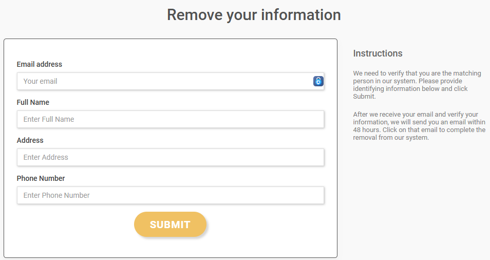 Peoplesearcher 'Remove your information' form