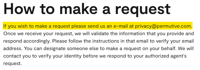 Permutive 'How to make a request' section and contact details