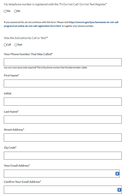 Tennessee Do Not Call complaint form