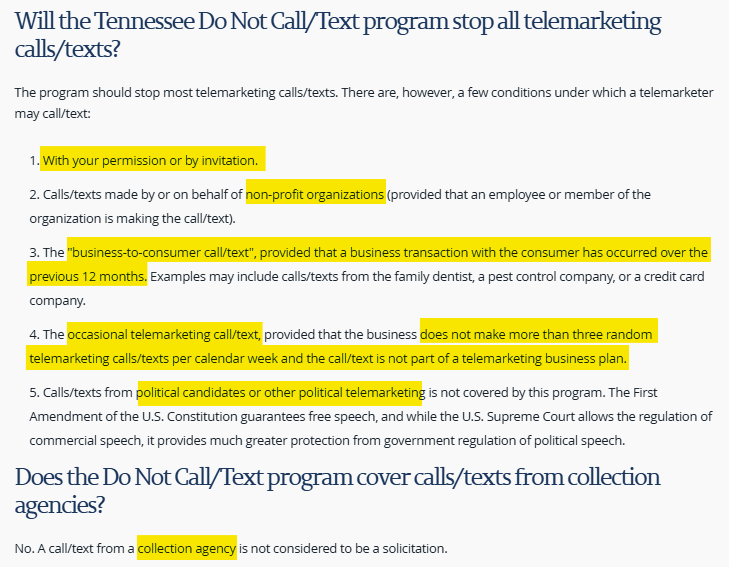 Tennessee Do Not Call List exceptions