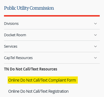 Tennessee Do Not Call List menu - Online Do Not Call/Text Complaint Form