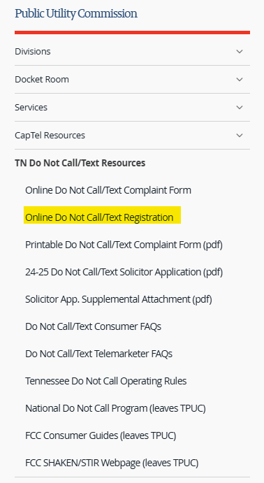 Tennessee Do Not Call List menu 