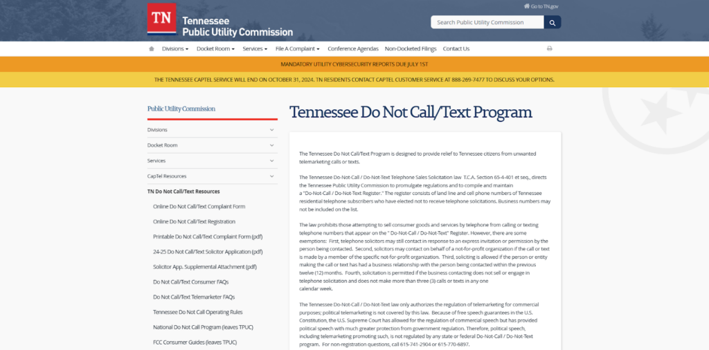 Tennessee Do Not Call List website