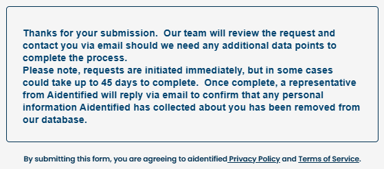 Aidentified thank you for your opt out request submission message