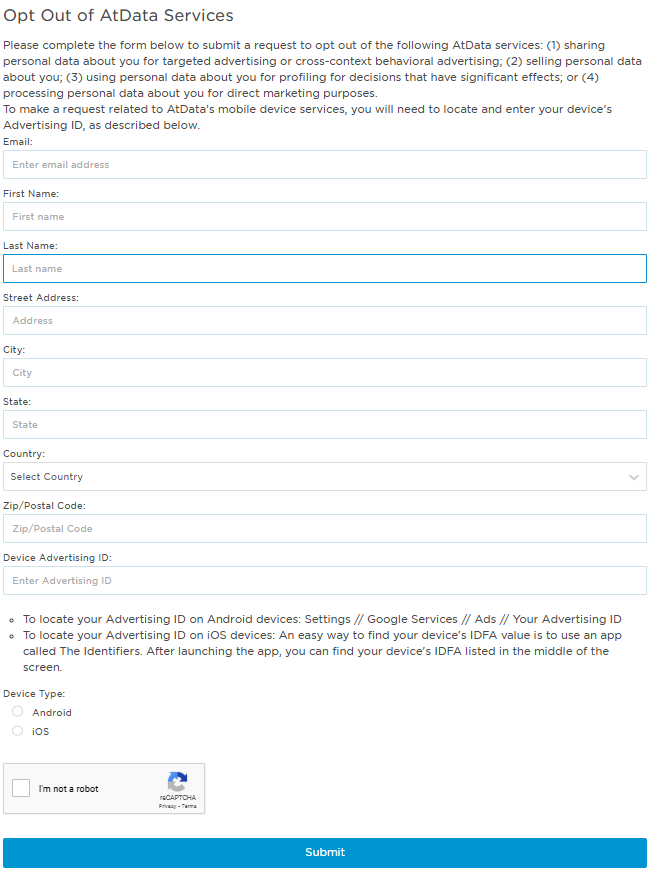 AtData opt out form