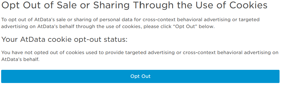 AtData cookie opt out status and button to opt out 