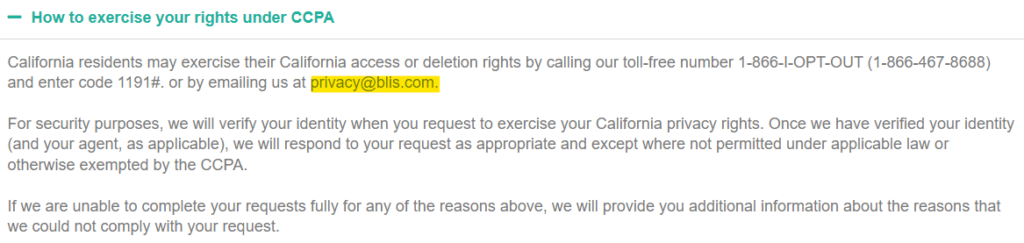Blis "How to exercise your rights under CCPA" section 