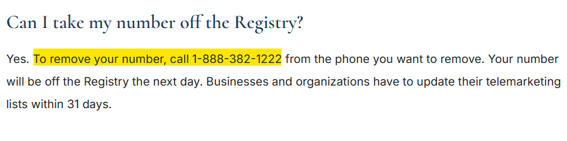 Information on whether you can take your number off the national DNC Registry 