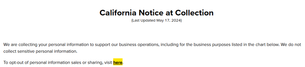 ConvergeMarketing 'California Notice at Collection' and link to opt out form 