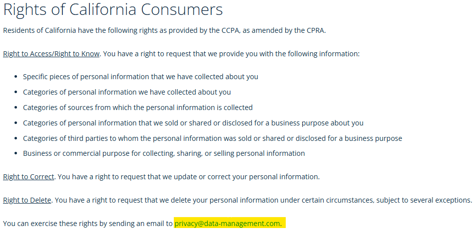 Data-Management California opt out request information 