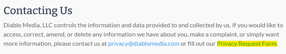 DiabloMedia 'Contacting Us' section and link to privacy request form 