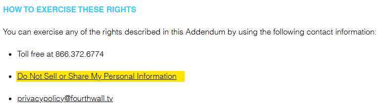 FourthWall 'How to Exercise These Rights' section and link to opt out form