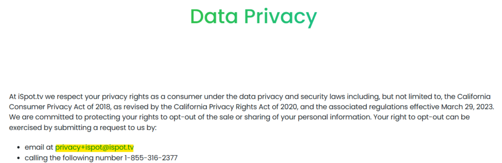 iSpot 'Data Privacy' information 