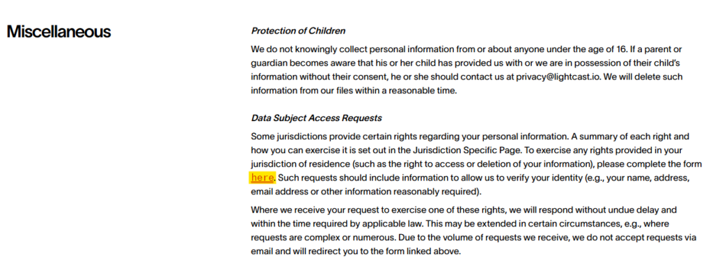 Lightcast privacy policy 'Miscellaneous' section 