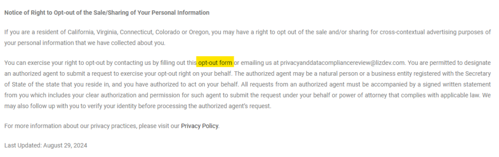 LizDev 'Notice of Right to Opt-out of the Sale/Sharing of Your Personal Information' and link to the opt out form