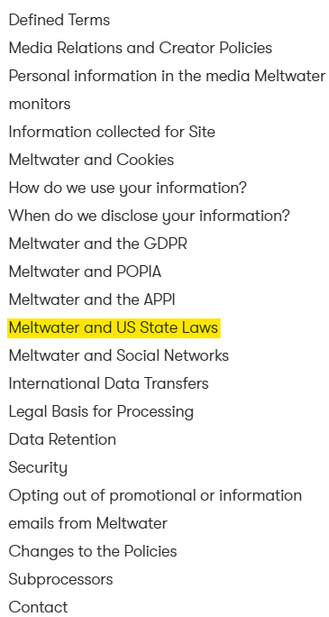 Meltwater privacy policy menu