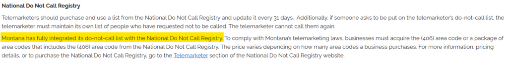 Information about the Montana Do Not Call List being integrated with the National Do Not Call Registry 