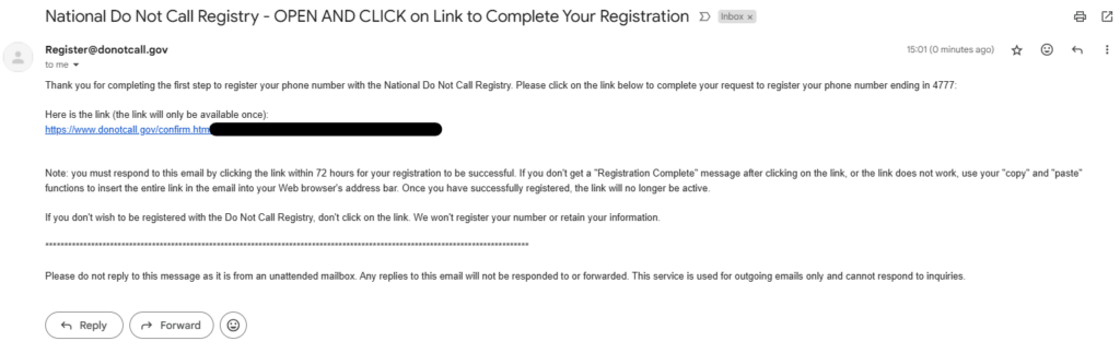 National DNC List email link to complete registration 