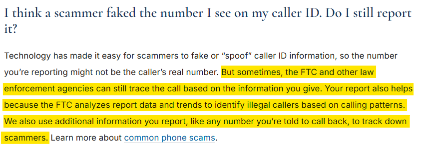 Information on reporting a spoofed number 