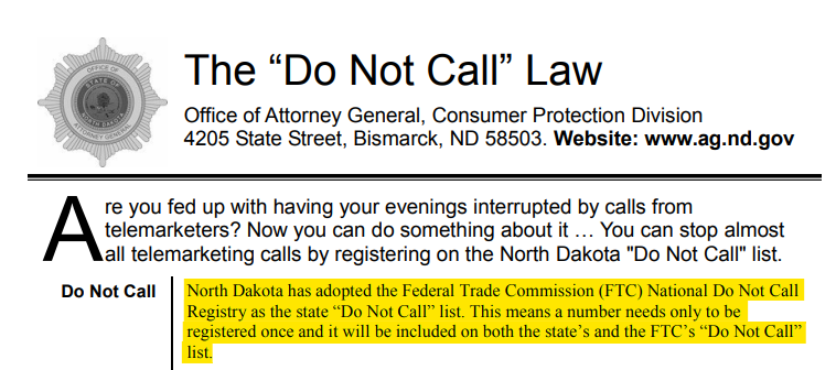 North Dakota Do Not Call Law fact sheet 