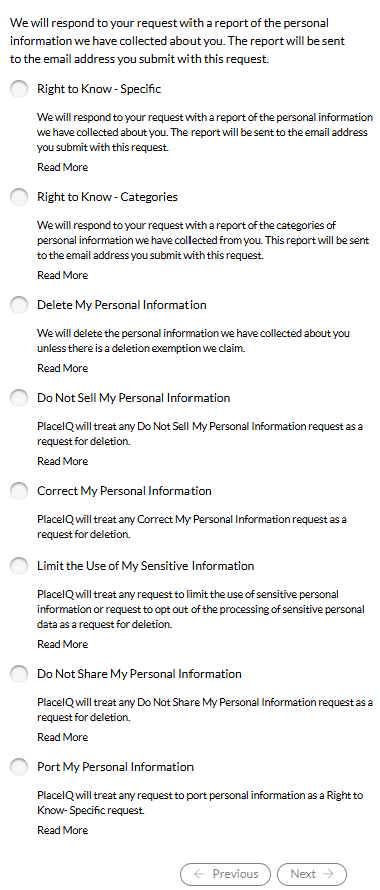 PlaceIQ form - Choose the privacy right you want to exercise 