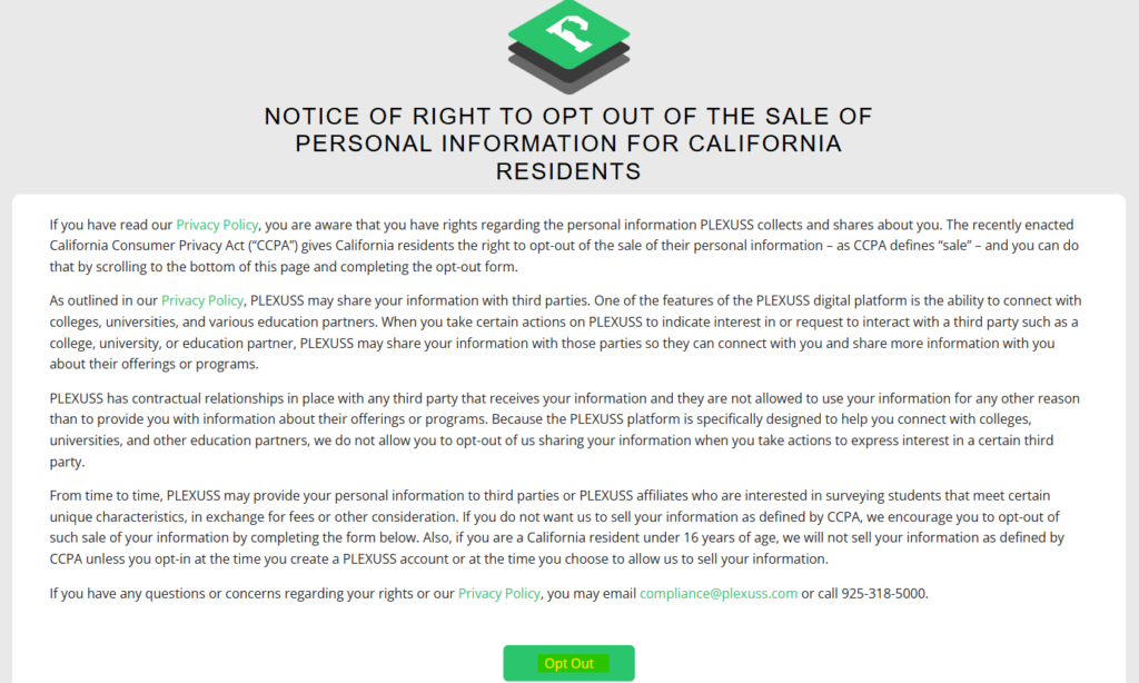 Plexuss Notice of Right to opt out of the sale of personal information for California residents 