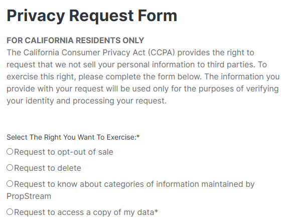 PropStream privacy request form - choose the privacy right you want to exercise 