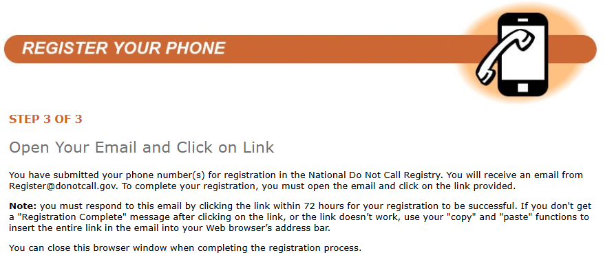 Register your phone to the national DNC List step 3 of 3