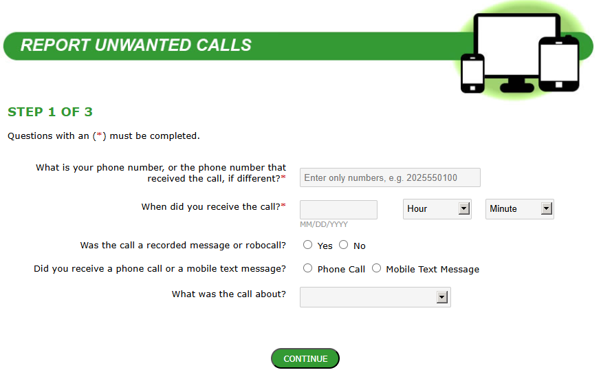 Report an unwanted call under the national DNC List step 1 of 3