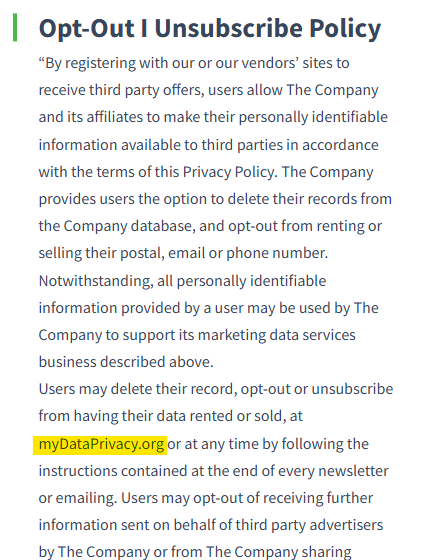 Statlistics 'Opt-Out | Unsubscribe Policy' with link to myDataPrivacy.org. 